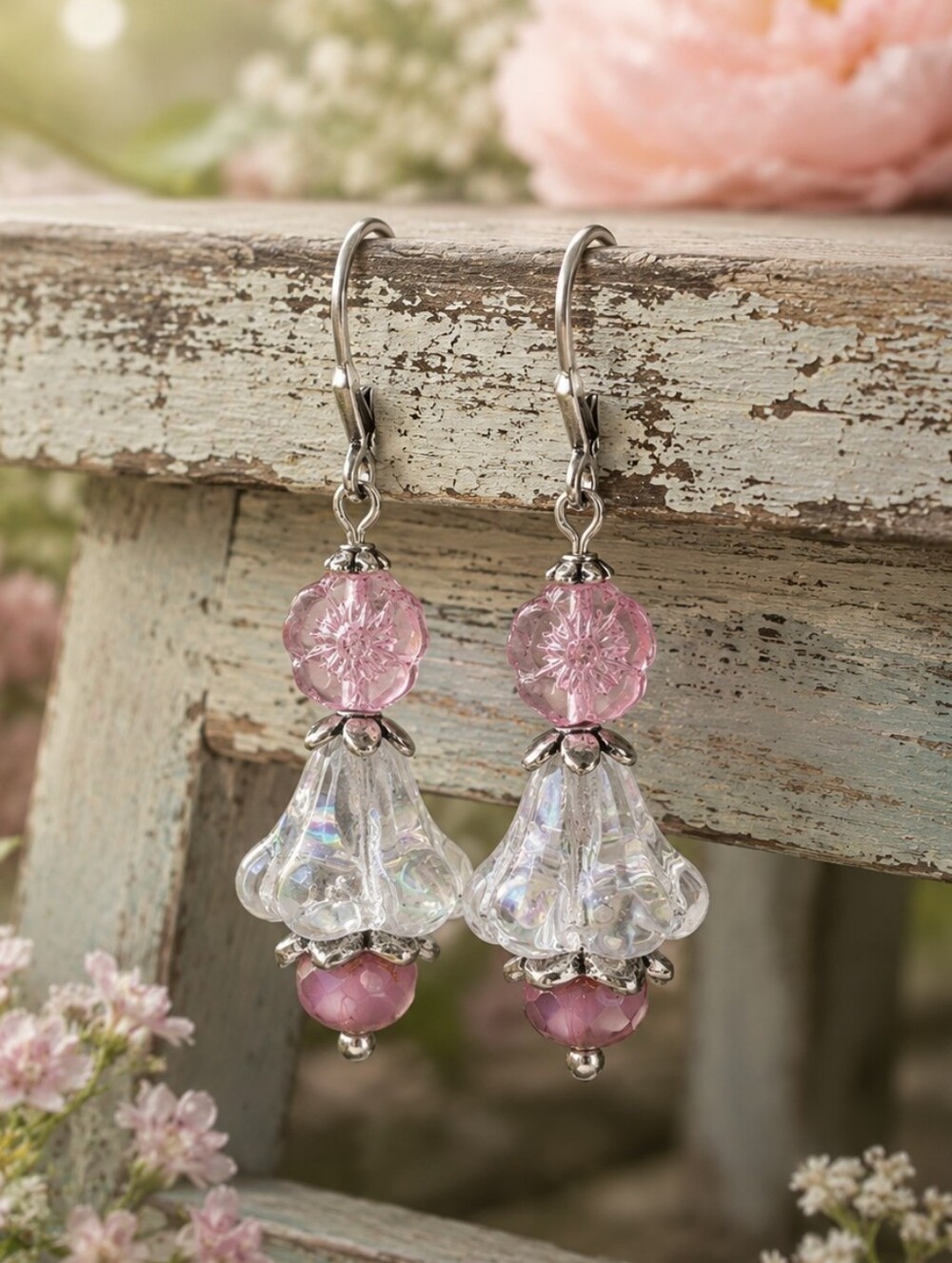 Pink Czech Glass Flower Earrings Spring Blossom Cottage Garden Hand Crafted
